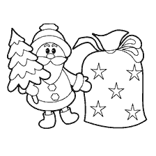 Père Noël avec un sapin de Noël et des cadeaux dans un sac