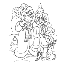 Père Noël avec une neige Maiden et un lièvre sur le fond de l'épinette
