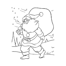 Père Noël avec un sac de cadeaux sur une rue enneigée
