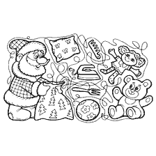 Le Père Noël fait des cadeaux avec son sac, le remplissant de jouets et de bonbons.