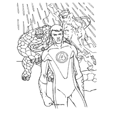 coloring page: Coloring with Fantastic Four characters: Torch Man, Sue Storm and Impossible Man.