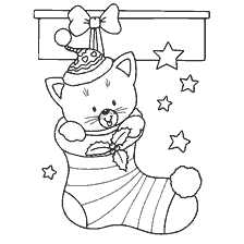 Un gato en un calcetín de Navidad, decorado con estrellas