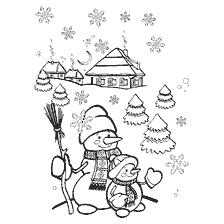Two snowmen against the background of a winter landscape with houses and Christmas trees