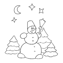 Snowman with broomstick and trees against the background of the moon and stars