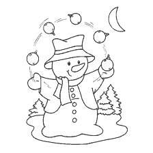 Snowman juggling Christmas tree toys against the background of the night sky
