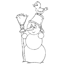 A snowman with a broom and a bird on a bucket