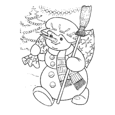 A snowman carrying gifts and a broomstick against a Christmas tree.