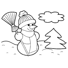 A snowman with a broom against a tree and a cloud