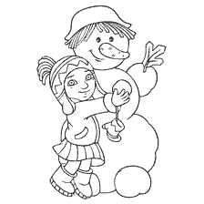 Coloring picture of a girl hugging a snowman