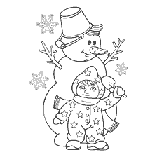 Drawing with a baby sculpting a snowman, against the background of snowflakes
