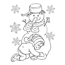 A girl sculpts a snowman in a winter snowy landscape.