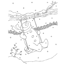 Snowman swings on swing in winter landscape