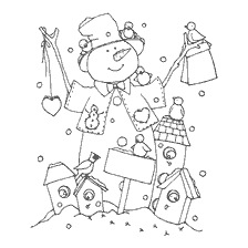 Snowman with feeders and birds against the background of the winter landscape