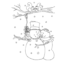 Coloring with two snowmen and squirrels on a tree branch