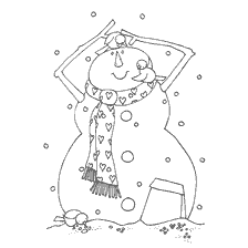 A snowman with a scarf smiles as he feeds the birds in a snowy landscape.