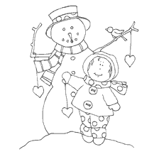 A snowman with hearts and a girl in a colored jumpsuit