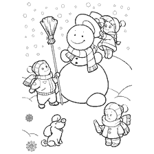 Children sculpt a snowman on a winter day with a dog