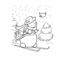 Snowman postman skis in snow forest