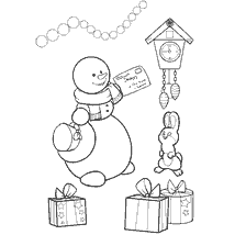 Snowman with a letter, hare and gifts on the coloring book