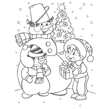 A snowman and a child with a gift against a tree