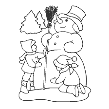 Children sculpt a snowman against the background of the winter forest