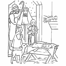 Kerstmis: Baby Jezus in een kribbe met Gods Moeder en Herders