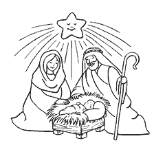 Tekening van de geboorte van Jezus Christus, Maria, Jozef en de ster boven de kribbe