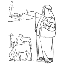 Kerstverkleuring die een herder met schapen onder een ster voorstelt die de geboorte van Jezus Christus aankondigt.