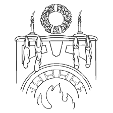 Tekening van een kersthaard met een krans, kaarsen en vuur