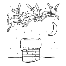 Een tekening van de kar van de Kerstman met herten die op een winternacht over daken vliegen.