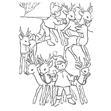 Een tekening met een hert en een jongen voor een kleurboek over het thema van Kerstmis