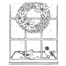Kerstmis kleuren met vogels buiten het raam en een kerst krans