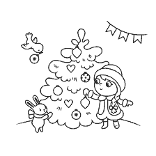 Vergine di neve decora un albero di Natale con una lepre e un uccello