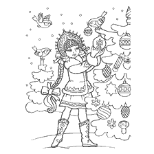 Snow Maiden decora un albero con giocattoli e neve