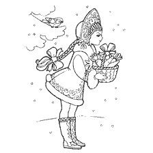 La fanciulla della neve si erge con un cesto circondato da fiocchi di neve