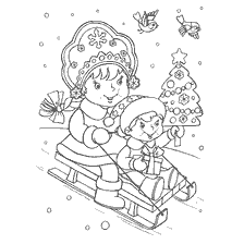 Colorare la Vergine di neve su una slitta con un bambino