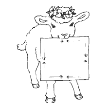 Een schaap met een bloemenkrans met een bord