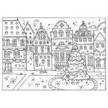Colorer le paysage hivernal avec l'épinette et les maisons