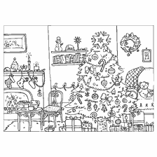 Coloration avec l'image d'un arbre de Noël dans une chambre confortable