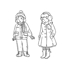 Deux enfants en vêtements d'hiver: un garçon en chapeau et veste, une fille en palantine et Ushankas.