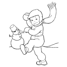 Un dessin d'un garçon qui jette un bonhomme de neige et joue avec un bonhomme de neige
