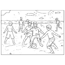 coloring page: Children play football on the beach in bright sunlight