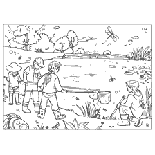 coloring page: Coloring with children catching insects by the lake