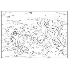coloring page: Two surfers on the waves