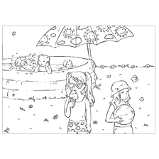 coloring page: Children enjoy summer activities by the pool