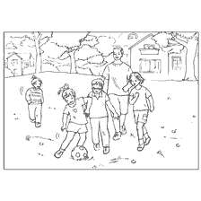 coloring page: Children playing football on the street