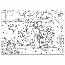 coloring page: Coloring picture of a picnic in nature with family and children