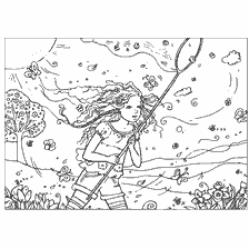 coloring page: A girl with a net in a meadow on a summer day