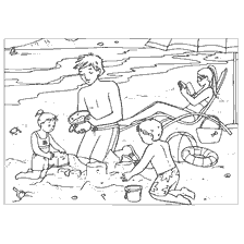coloring page: Children play on the beach, building sand cakes