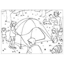 coloring page: Children set up a tent at a summer picnic